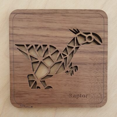 Dessous de verre en bois massif - Velociraptor - Découpé et gravé au laser