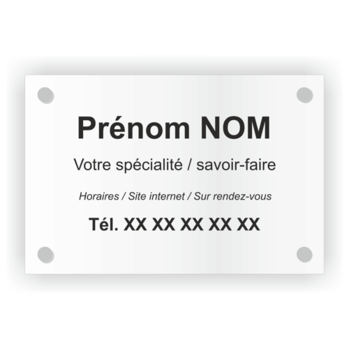 Plaque professionnelle sur mesure en plexiglass blanc