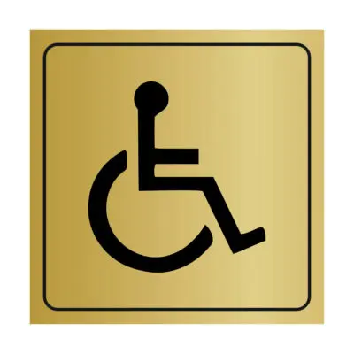Plaque signalétique avec pictogramme handicapés en plastique or brossé