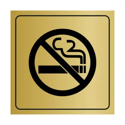 Plaque signalétique avec pictogramme interdiction de fumer en plastique or brossé