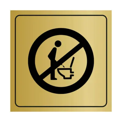 Plaque signalétique avec pictogramme interdiction de pisser debout en plastique or brossé