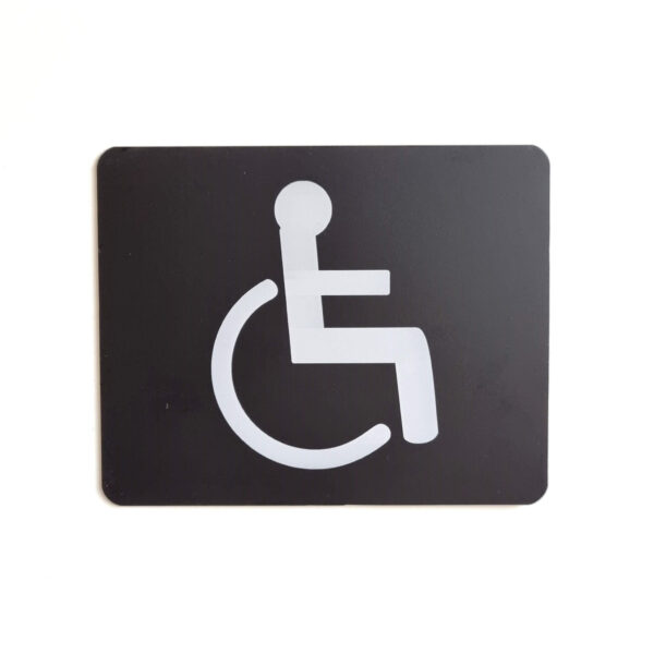 Plaque pictogramme toilettes handicapés PMR en aluminium anodisé noir