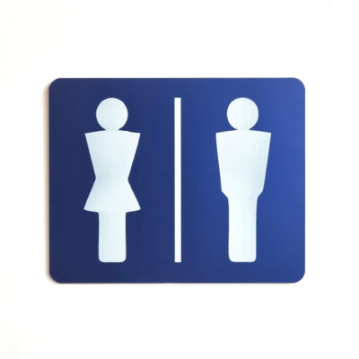 Plaque pictogramme toilettes mixtes hommes femmes en aluminium anodisé bleu