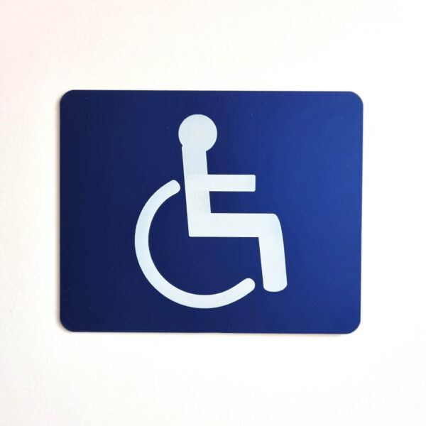 Plaque pictogramme toilettes handicapés PMR en aluminium anodisé bleu